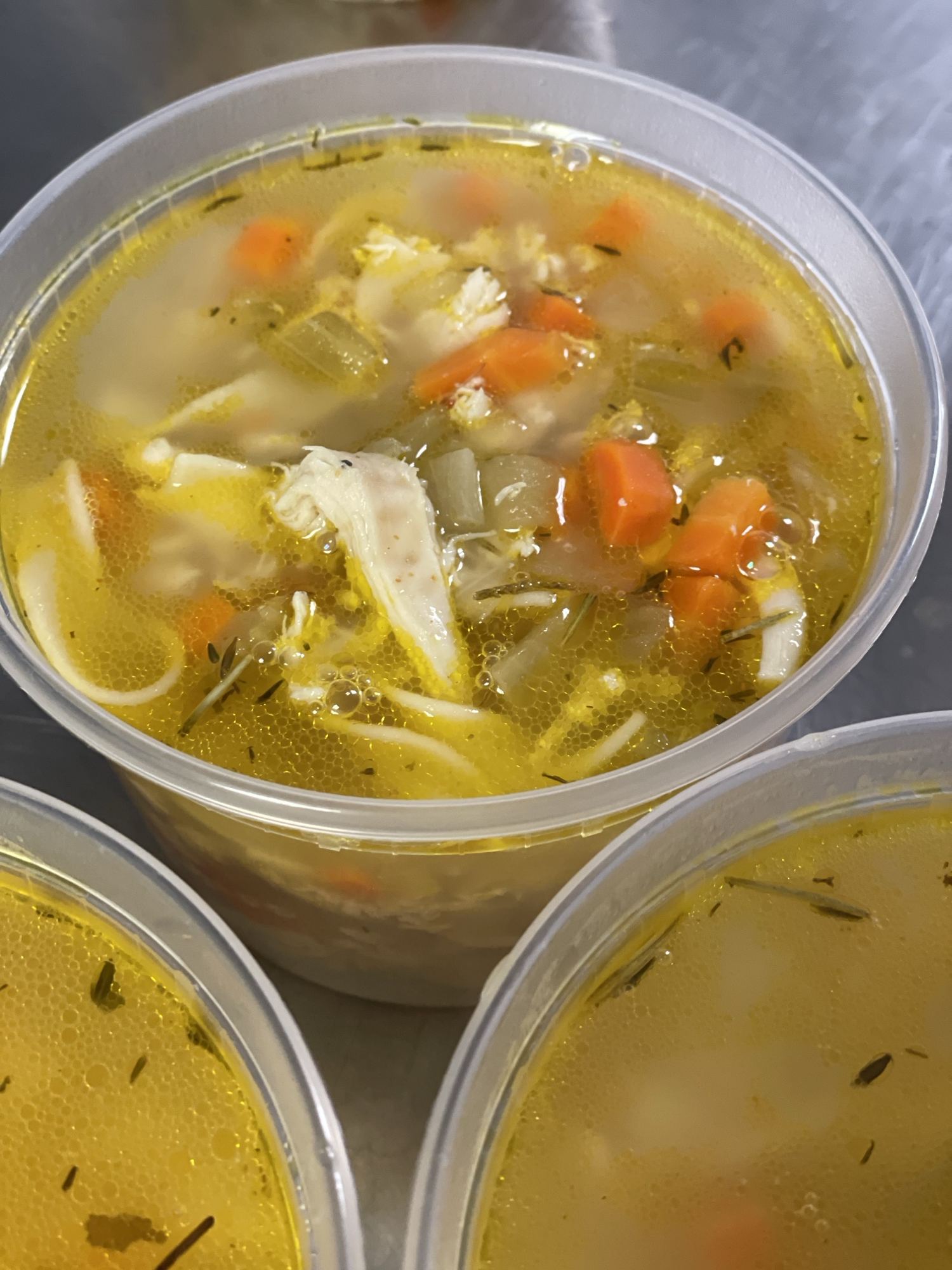 Pints of homemade chicken noodle soup